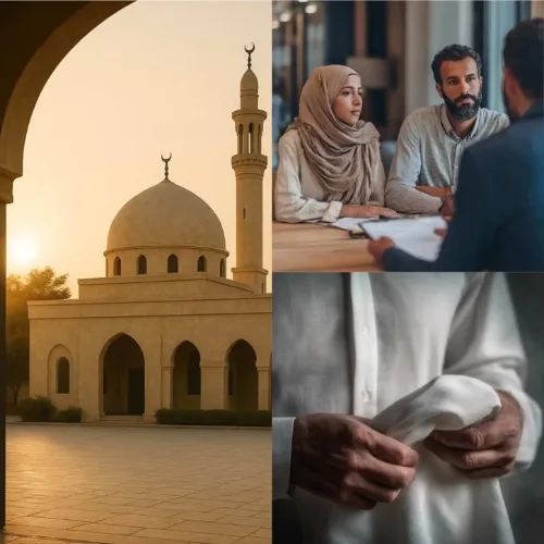 Bildcollage: Moschee im Abendlicht, Beratungsgespräch mit Angehörigen und Vorbereitung des Leichentuchs
